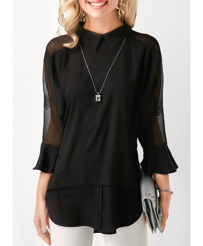 Flare Cuff Layered Mesh Panel Black Blouse